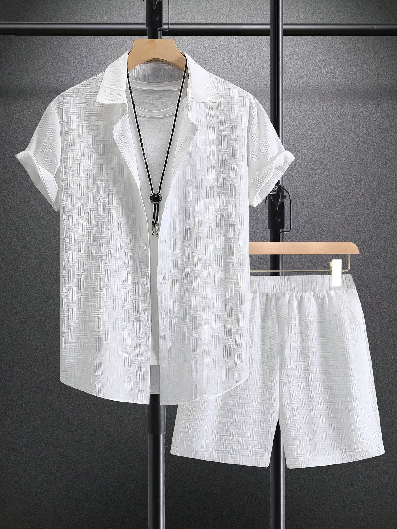 Men's Casual Short-Sleeve Shirt and Shorts Set - Solid Color Outfit - Buy Center US