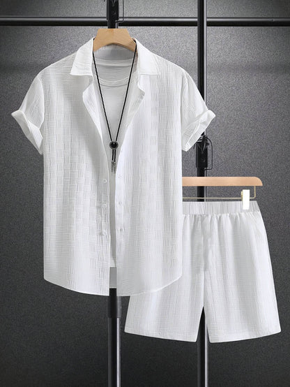 Men's Casual Short-Sleeve Shirt and Shorts Set - Solid Color Outfit - Buy Center US