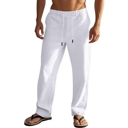 Men's Casual Solid Color Cotton Linen Trousers - Drawstring & Straight-Leg - Buy Center US