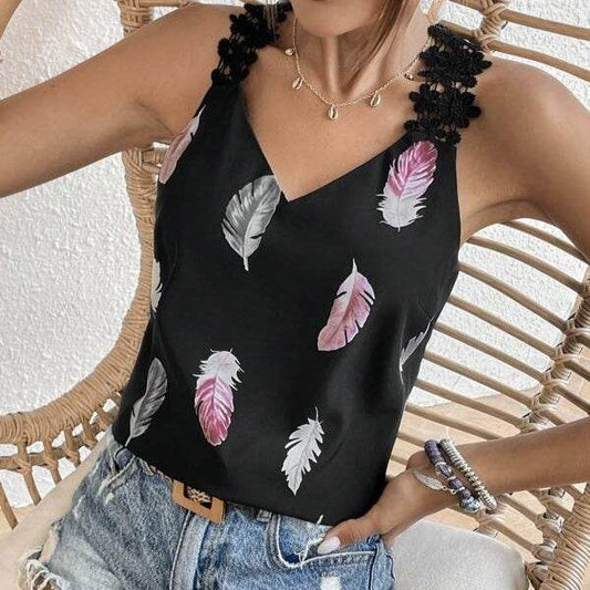 Women's Slimming V-neck Camisole - Feather Pattern Casual Summer Vest - Buy Center US