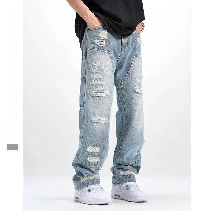 Washed & Frayed Ripped Jeans for Men - Casual Light Blue Retro Style - Buy Center US