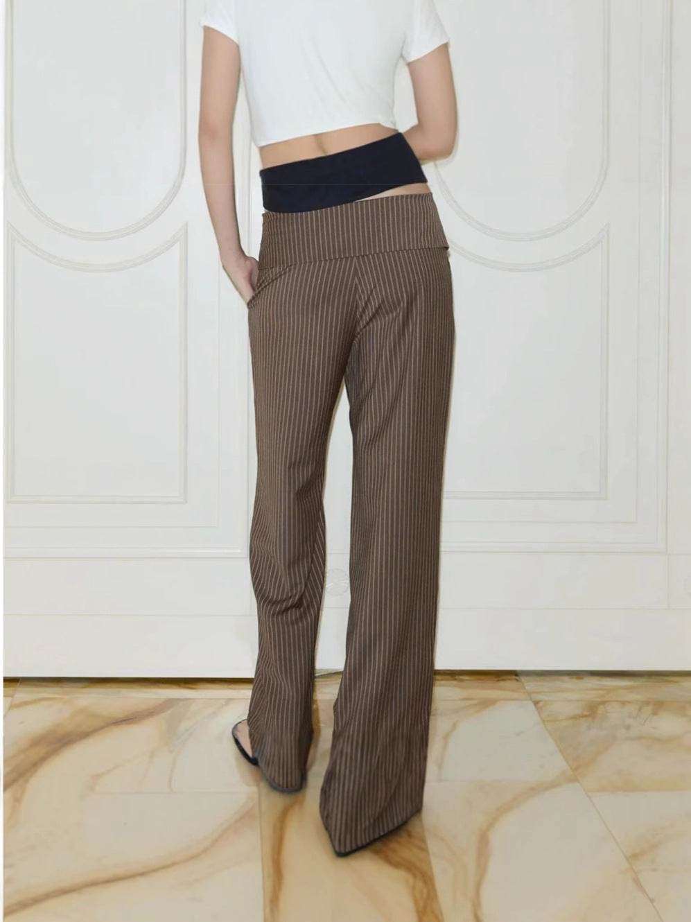 Women's Casual Striped Trousers - Loose Fit Lace Up Pants in Dark Brown - Buy Center US