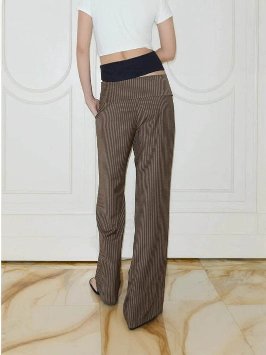 Women's Casual Striped Trousers - Loose Fit Lace Up Pants in Dark Brown - Buy Center US