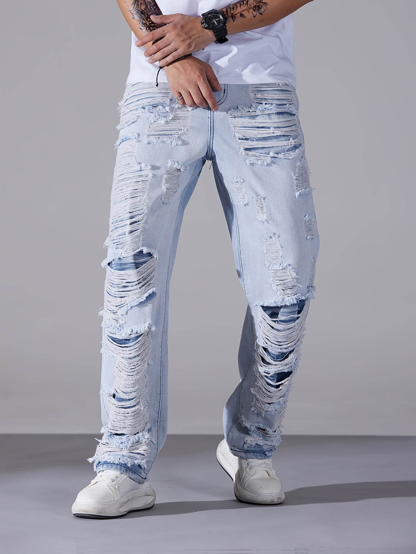 Men's Casual Distressed Denim Jeans - Solid Color, Regular Fit, Ripped Details - Buy Center US