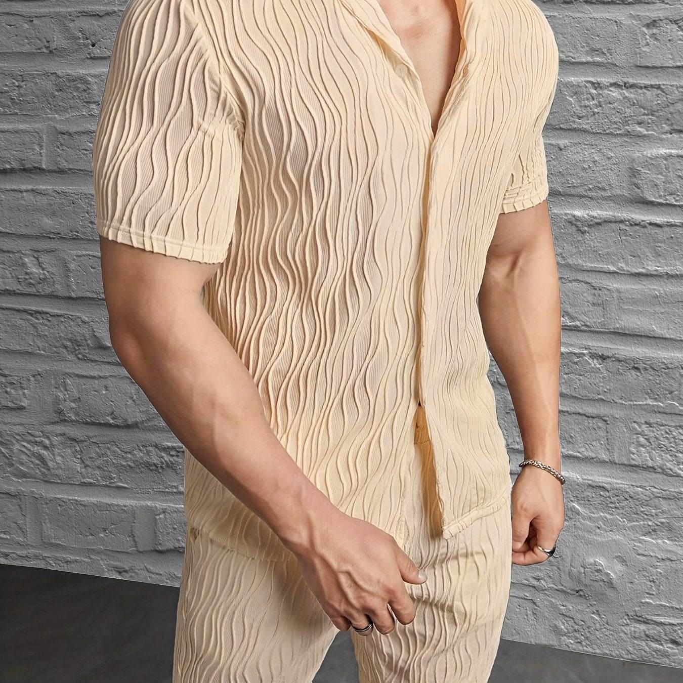 Men's Casual Short Sleeve Knitted Set - Lapel Button, Comfortable Fit - Buy Center US