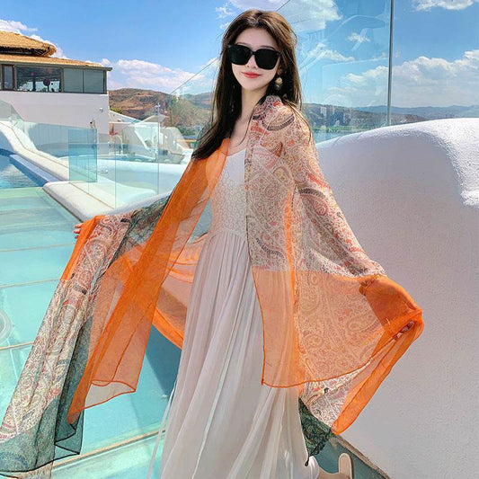 Versatile Silk Scarf for Sun Protection - Bohemian Floral Design 180x125cm - Buy Center US