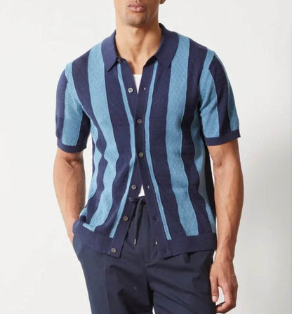 Men's Hollow Breathable Polo Shirt - Stylish Stripes in Blue, Sizes M-XXXL - Buy Center US