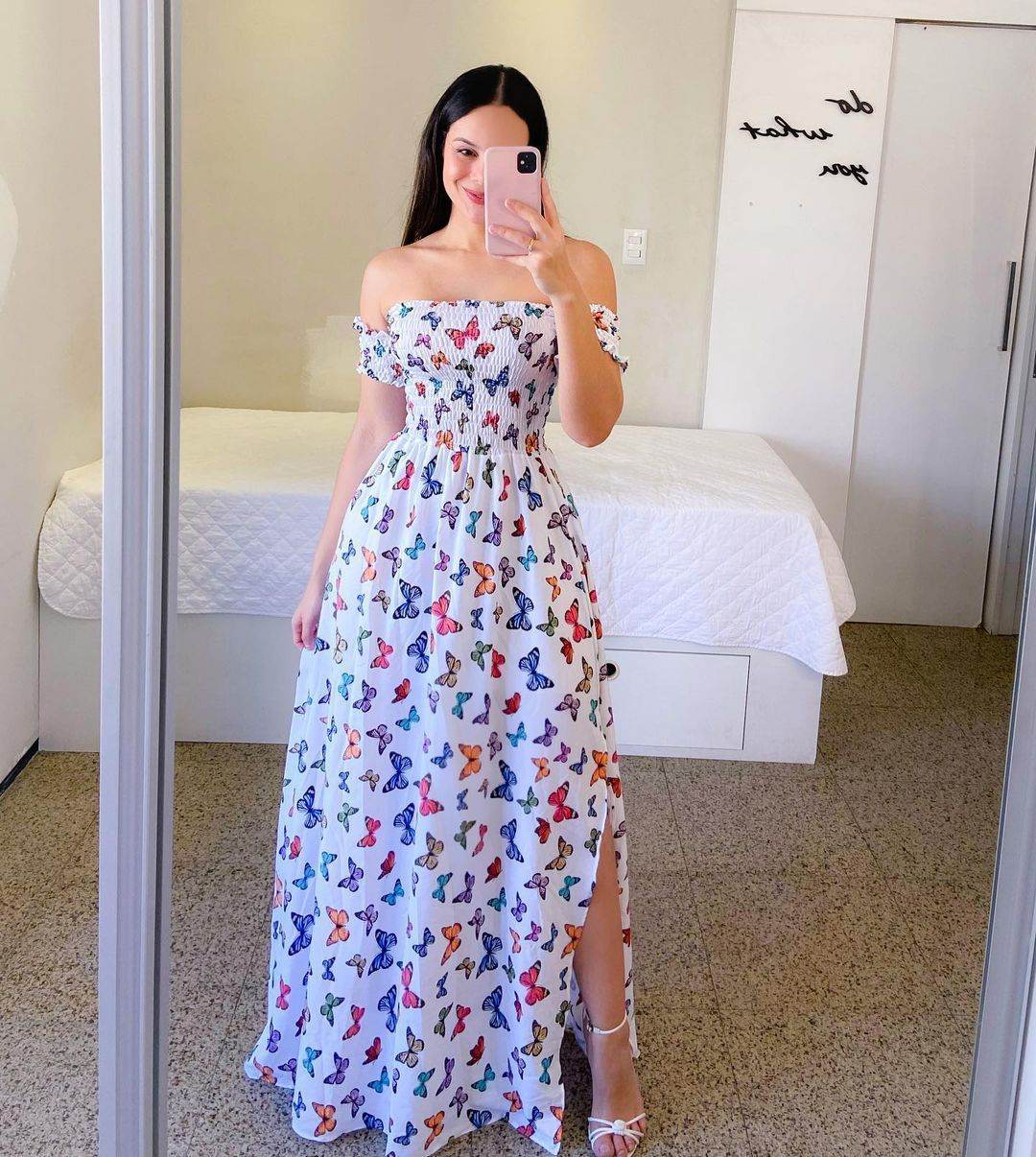 Off-Shoulder Printed Butterfly Dress - Rainbow Colors & Swing Style - Buy Center US