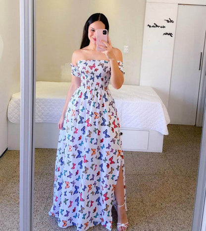 Off-Shoulder Printed Butterfly Dress - Rainbow Colors & Swing Style - Buy Center US