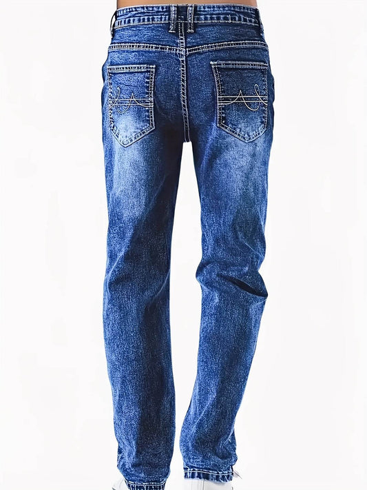 Stylish Men's Washed Blue Jeans - Stretchy Denim for Casual Wear - Buy Center US