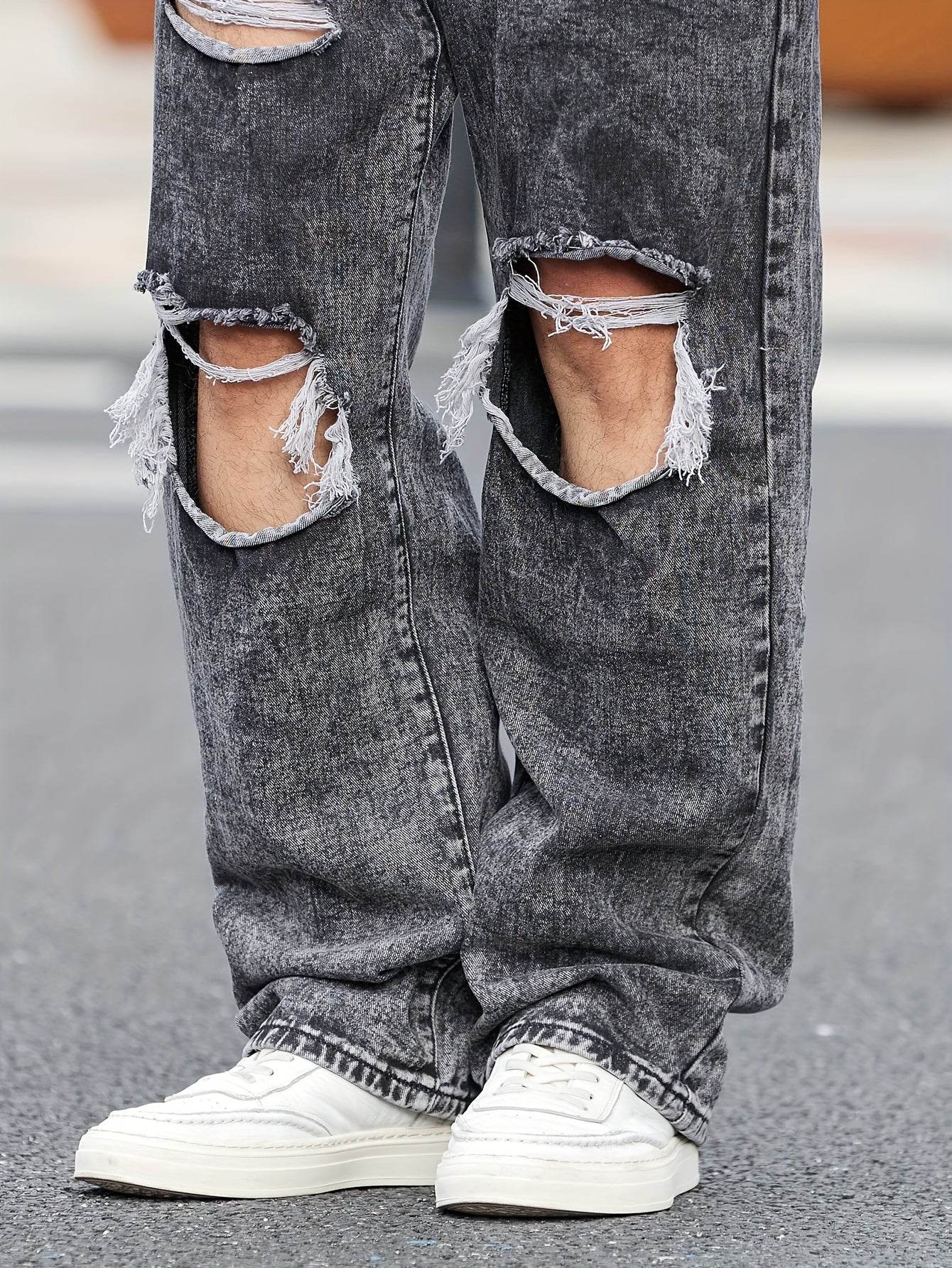 Men's Casual Wide-Leg Denim Jeans - Dark Grey Ripped Trousers, All-Season - Buy Center US