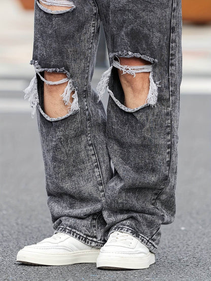 Men's Casual Wide-Leg Denim Jeans - Dark Grey Ripped Trousers, All-Season - Buy Center US