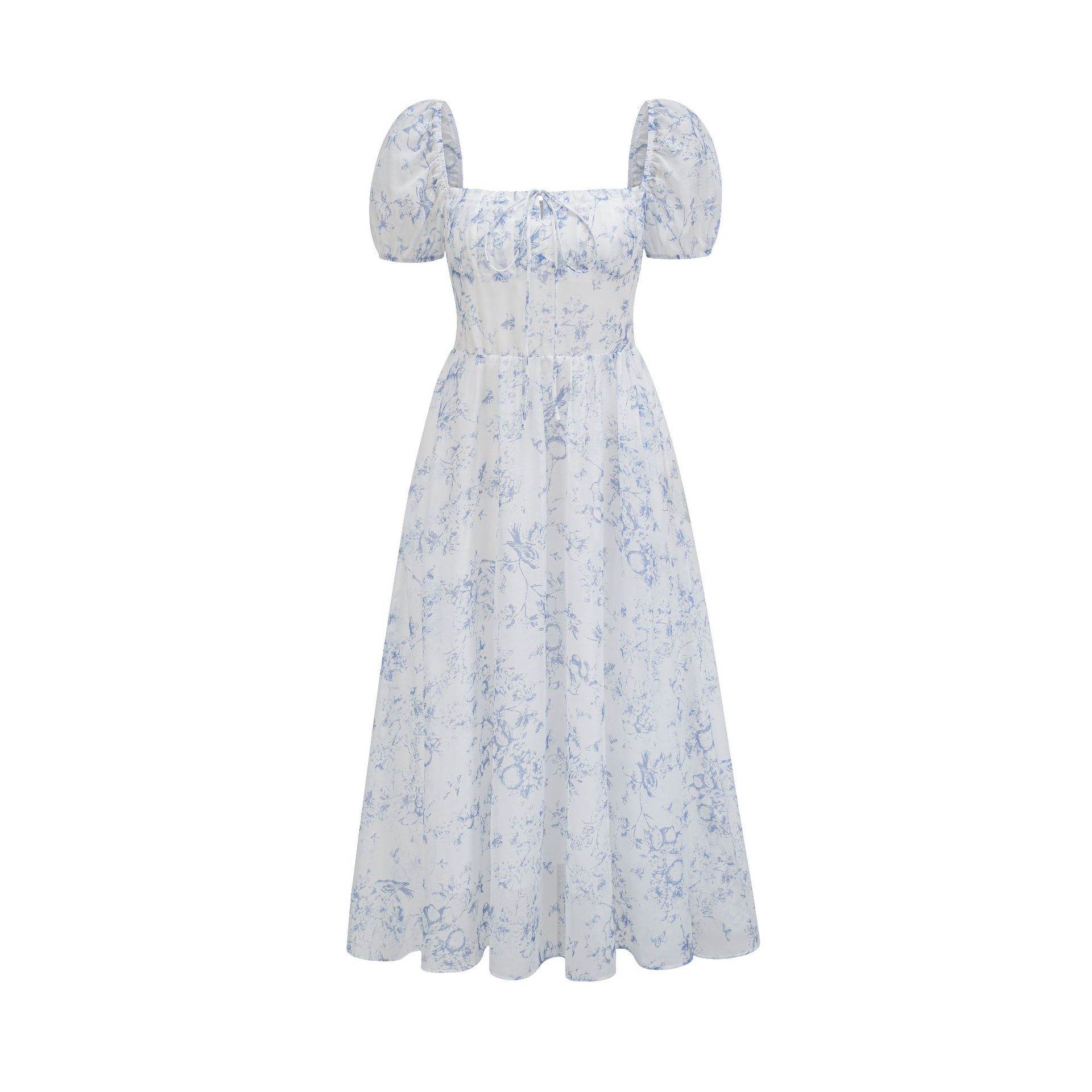 European & American Short Sleeve Mid-Length Dress - Floral Print A-Line - Buy Center US
