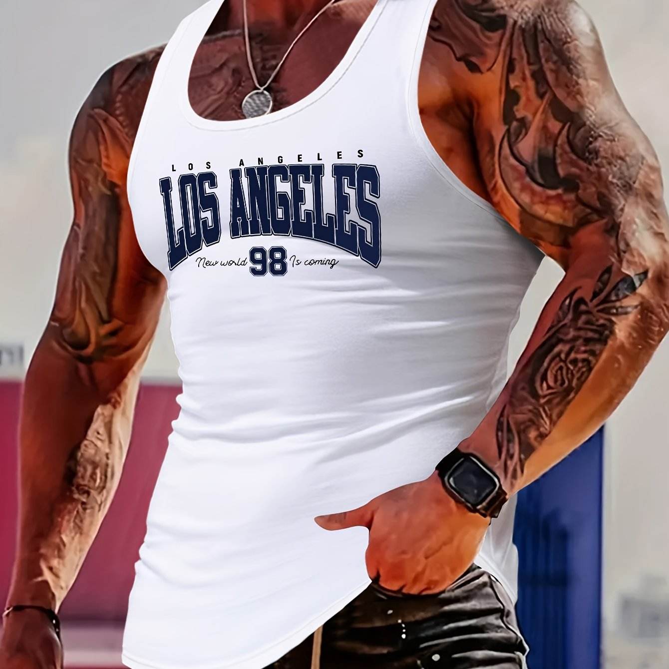 MBDMBD Men's Casual Polyester Tank Top - LOS ANGELES 98, Crew Neck Vest - Buy Center US