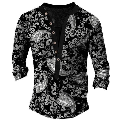 Printed Retro Fashion Casual Henry Neck T-shirt - Long Sleeves, Comfortable Fit - Buy Center US