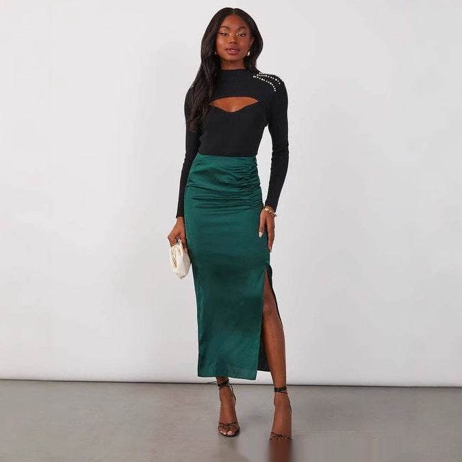 Elegant Satin Sheath Dress with Draping - Available in Black, Wine Red, Peacock Green - Buy Center US