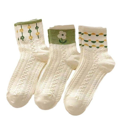 Cute Women's Summer Mid-Calf Socks - Flower & Stripe Patterns, 5 Pairs - Buy Center US