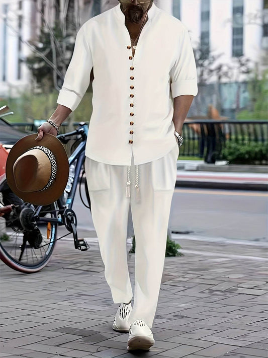 Men's Casual Cotton Linen V-Neck Shirt & Pants Set - Spring/Fall Fashion - Buy Center US
