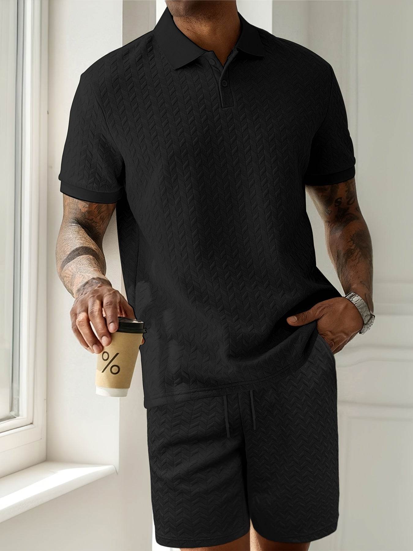 Men's Summer 2-Piece Set - Solid Color Polo T-Shirt & Shorts - Buy Center US