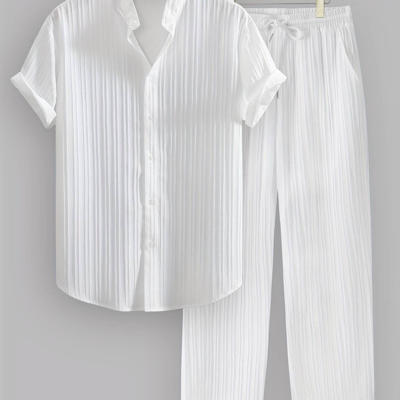 Men's Summer Casual Outfit Set - Striped Short Sleeve Shirt & Drawstring Pants - Buy Center US