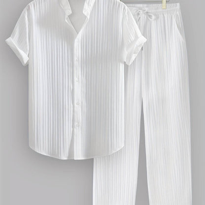 Men's Summer Casual Outfit Set - Striped Short Sleeve Shirt & Drawstring Pants - Buy Center US
