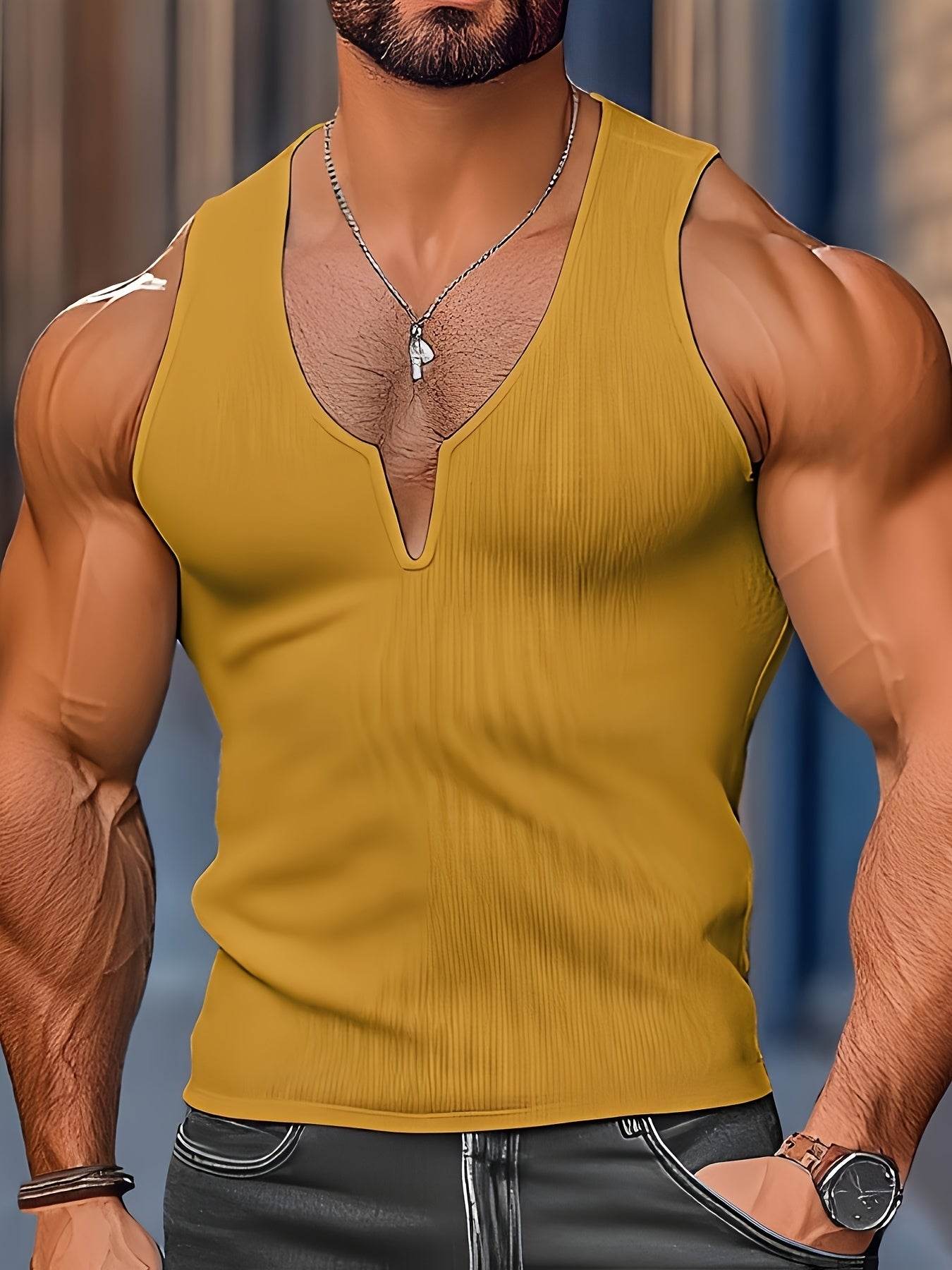 Men's V-Neck Waffle Knit Top - Stylish & Retro Casual Wear in Vibrant Yellow - Buy Center US