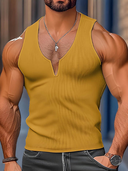 Men's V-Neck Waffle Knit Top - Stylish & Retro Casual Wear in Vibrant Yellow - Buy Center US