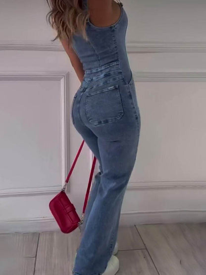 Elegant Sleeveless Denim Jumpsuit with Patchwork Design - Full-Length Fit - Buy Center US