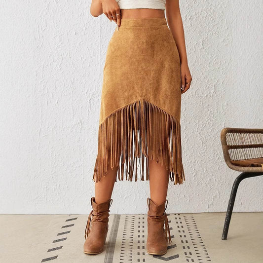 Women's Western Style Fringe A-Line Skirt - High Waisted, Casual Chic - Buy Center US