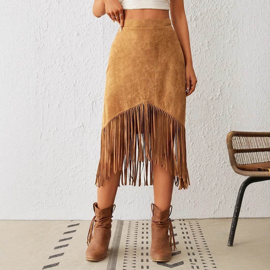 Women's Western Style Fringe A-Line Skirt - High Waisted, Casual Chic - Buy Center US