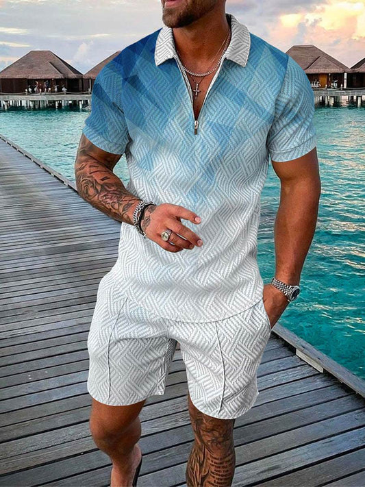 Men's Summer 3D Printed Geometric Zip Lapel Shirt Set - Stylish & Comfortable - Buy Center US