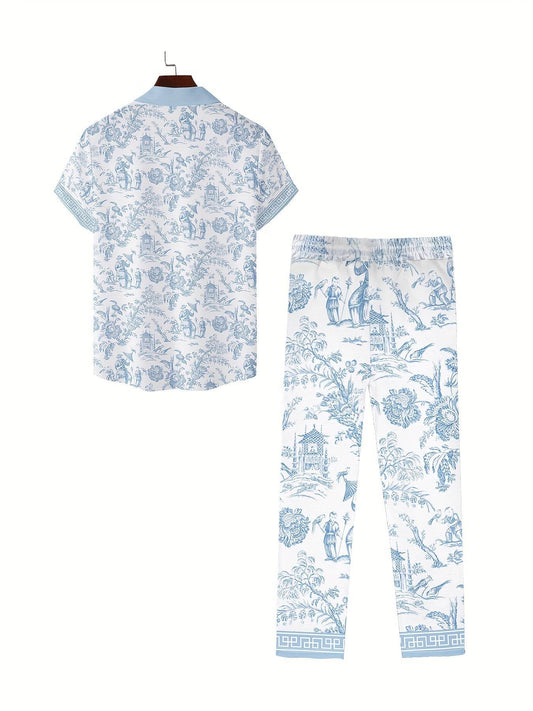 Men's Light Blue Floral Print Shirt & Pants Set - Casual All-Season Wear - Buy Center US