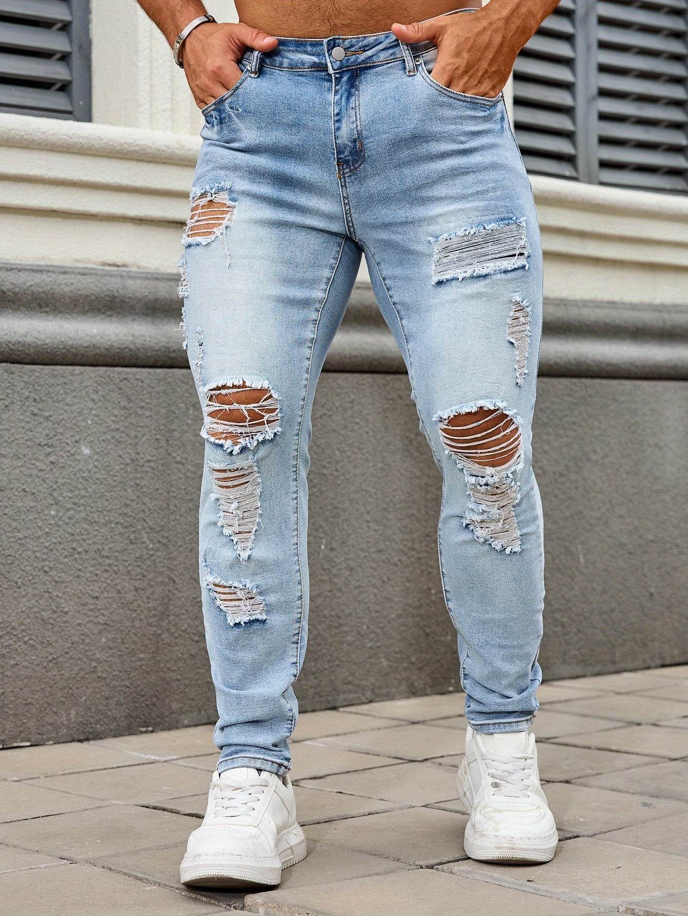 Men's Ripped Skinny Jeans - Casual Denim with Slight Stretch for All Seasons - Buy Center US