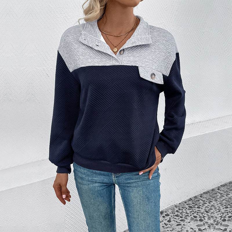 Women's Long-Sleeved Lapel Sweater - Color Matching in Dark Blue - Buy Center US