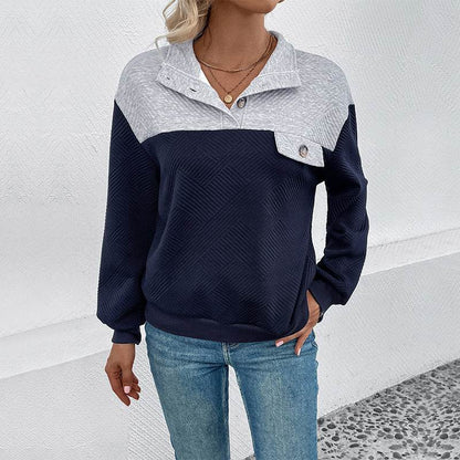 Women's Long-Sleeved Lapel Sweater - Color Matching in Dark Blue - Buy Center US