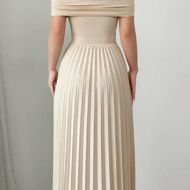 Women's Elegant A-Line Dress - Pleated French Style in Apricot - Buy Center US
