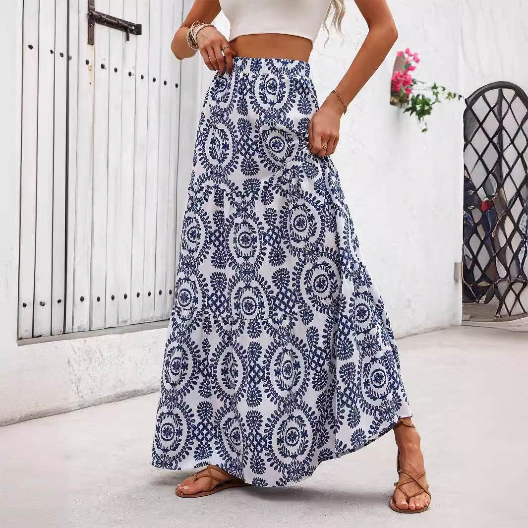Stylish A-Line Swing Skirt - Blue and White Porcelain Print, Sizes S-XL - Buy Center US