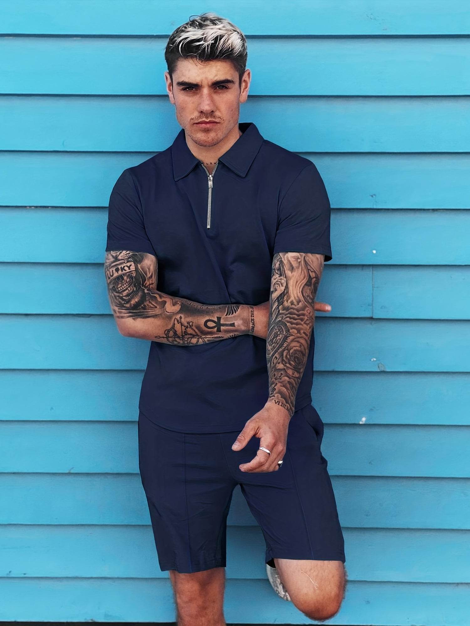 Men's 2-Piece Solid Color Sports Suit - Zip-Up Shirt & Drawstring Shorts - Buy Center US