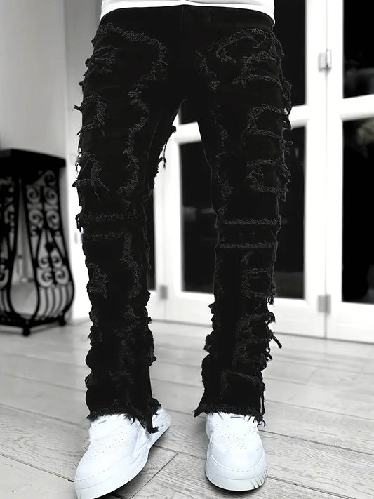 Y2K Hip Hop Style Men's Raw Trim Jeans - Slim Fit Stretch Denim - Buy Center US