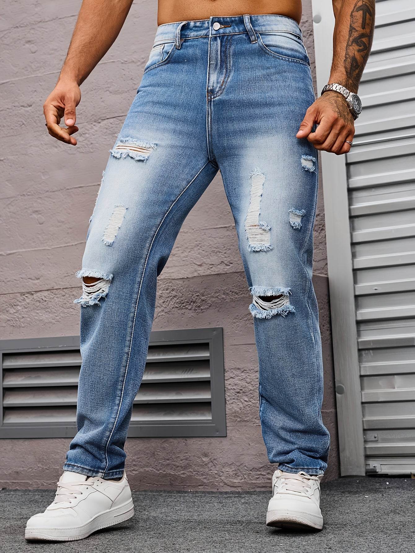 Men's Light Blue Ripped Jeans - Casual Straight Leg Distressed Denim - Buy Center US