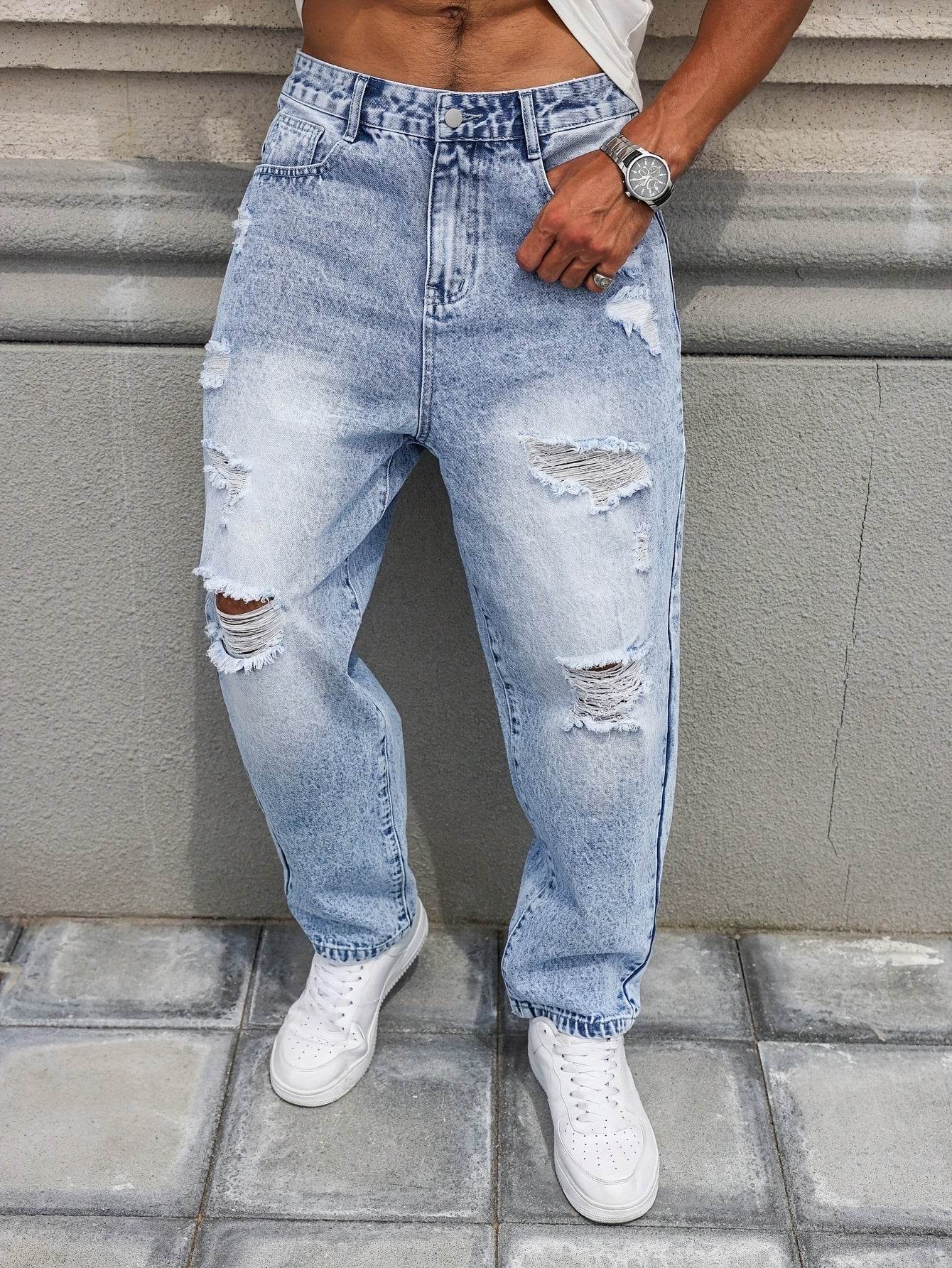 Men's Distressed Blue Denim Harem Pants - Loose Fit, Casual All-Season Wear - Buy Center US