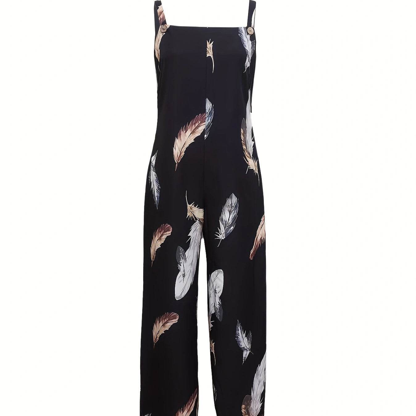 Women's Feather Print Ruffle Hem Jumpsuit - Casual Summer Fashion - Buy Center US