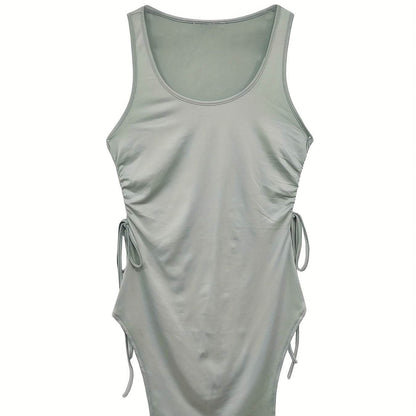 Women's Solid Color Round Neck Dress - Sleeveless with Drawstring Slit - Buy Center US
