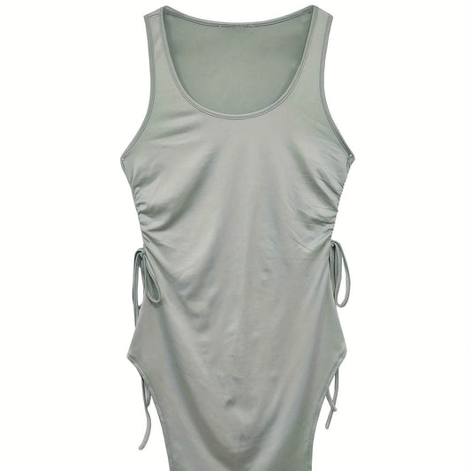 Women's Solid Color Round Neck Dress - Sleeveless with Drawstring Slit - Buy Center US