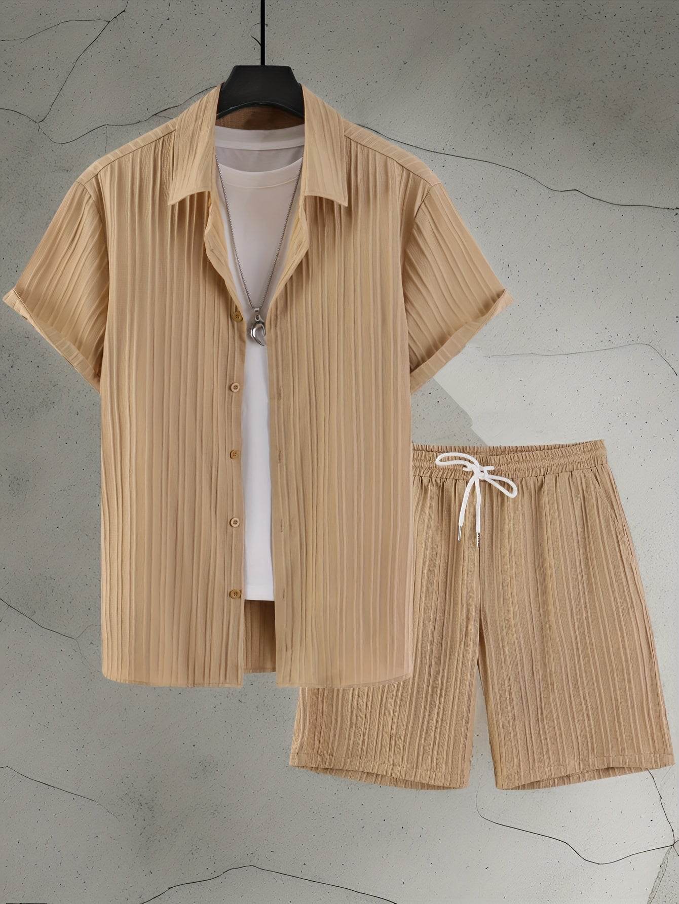 Stylish Summer White French Striped Suit for Men - Short Sleeve & Pants - Buy Center US