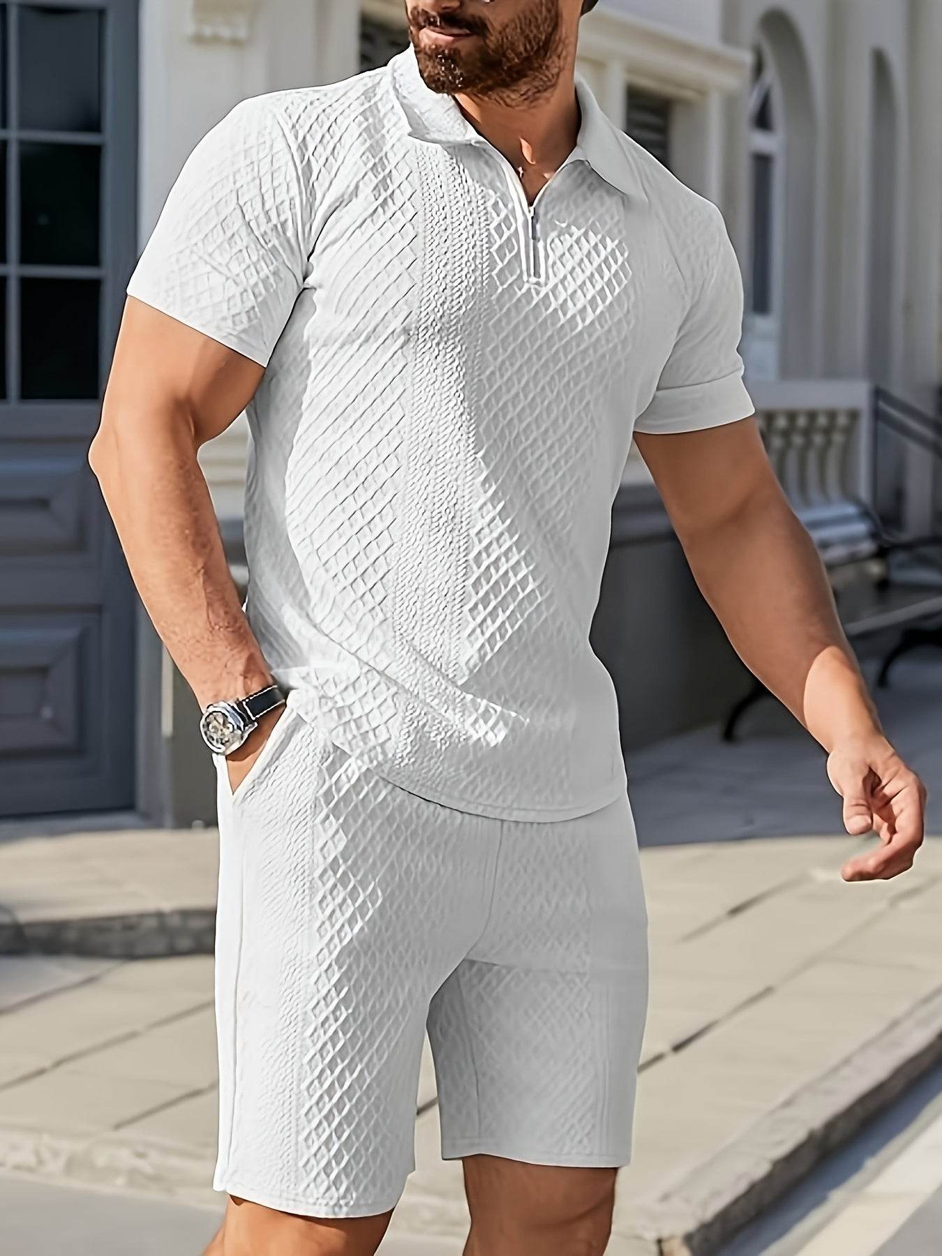 Men's Summer Jacquard Suit - Short Sleeve, Geometric Pattern, Regular Fit - Buy Center US