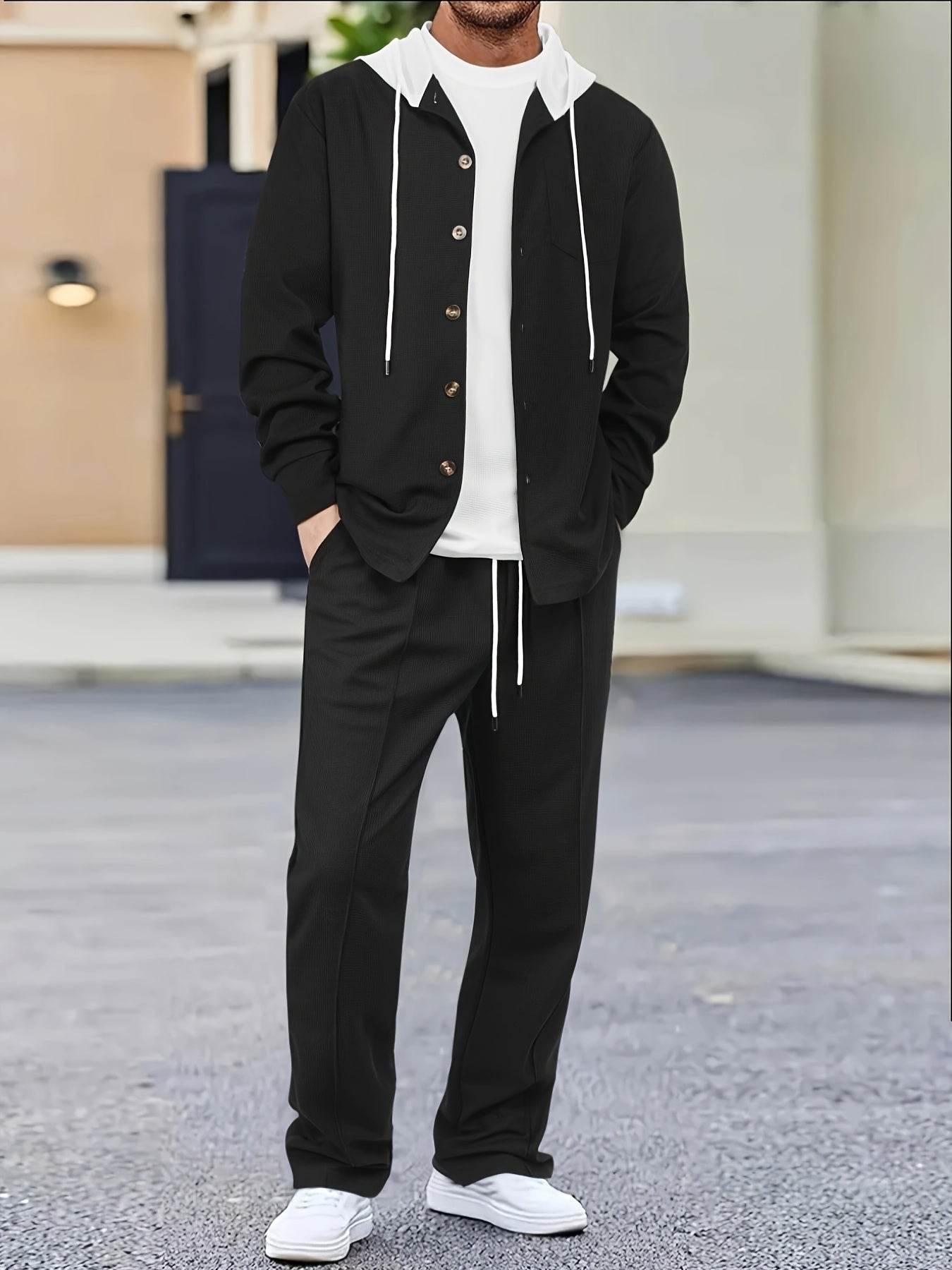 Men's Two-Piece Waffle Knit Set - Hooded Cardigan & Drawstring Pants - Buy Center US