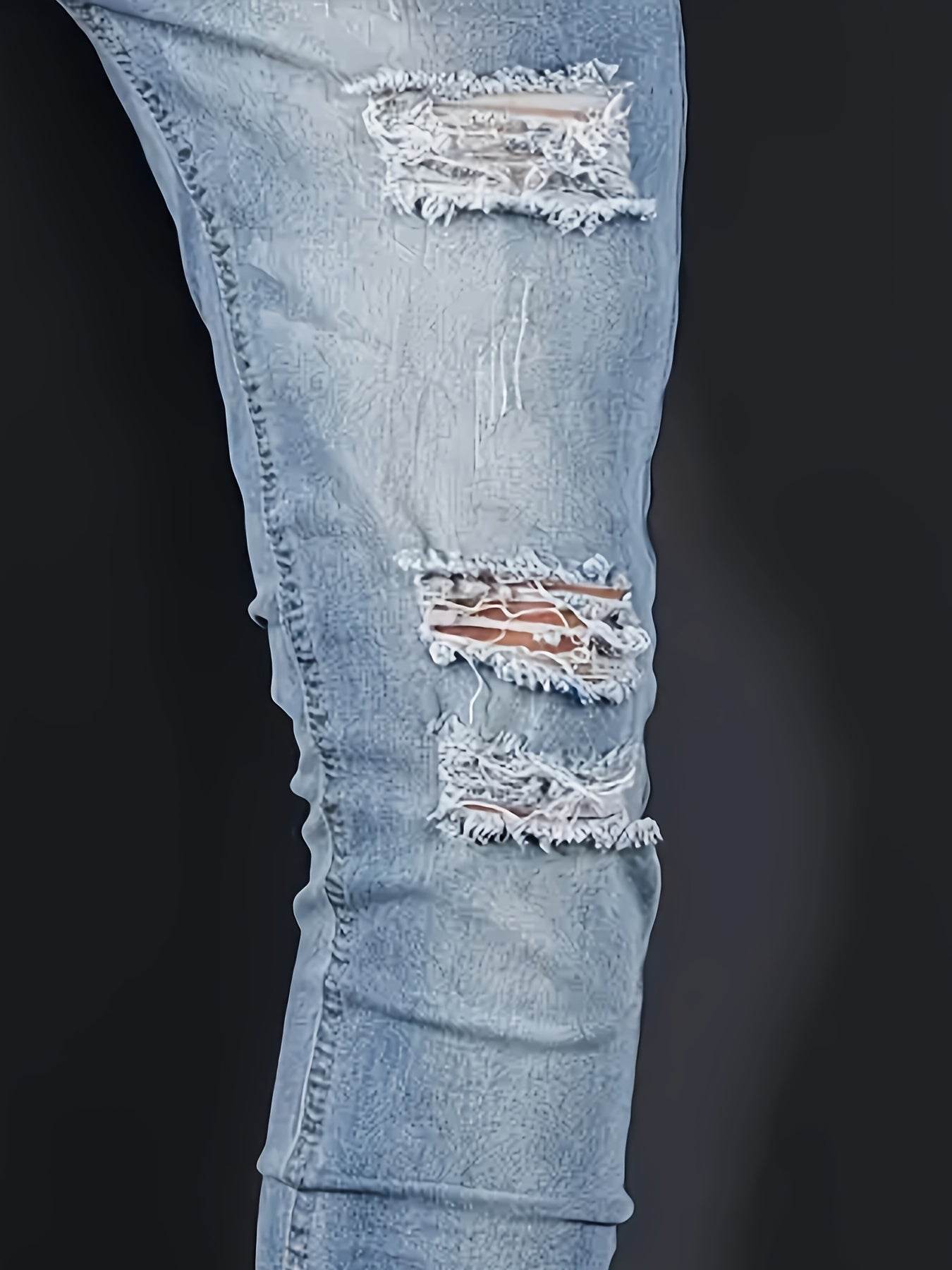 Men’s Distressed Skinny Jeans - Light Blue Ripped Denim, Medium Stretch - Buy Center US