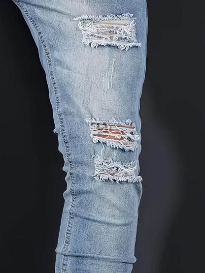 Men’s Distressed Skinny Jeans - Light Blue Ripped Denim, Medium Stretch - Buy Center US