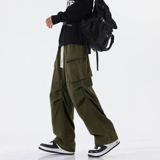 Buycenter Men's Retro Pleated Overalls - Casual Mid Waist Trousers - Buy Center US